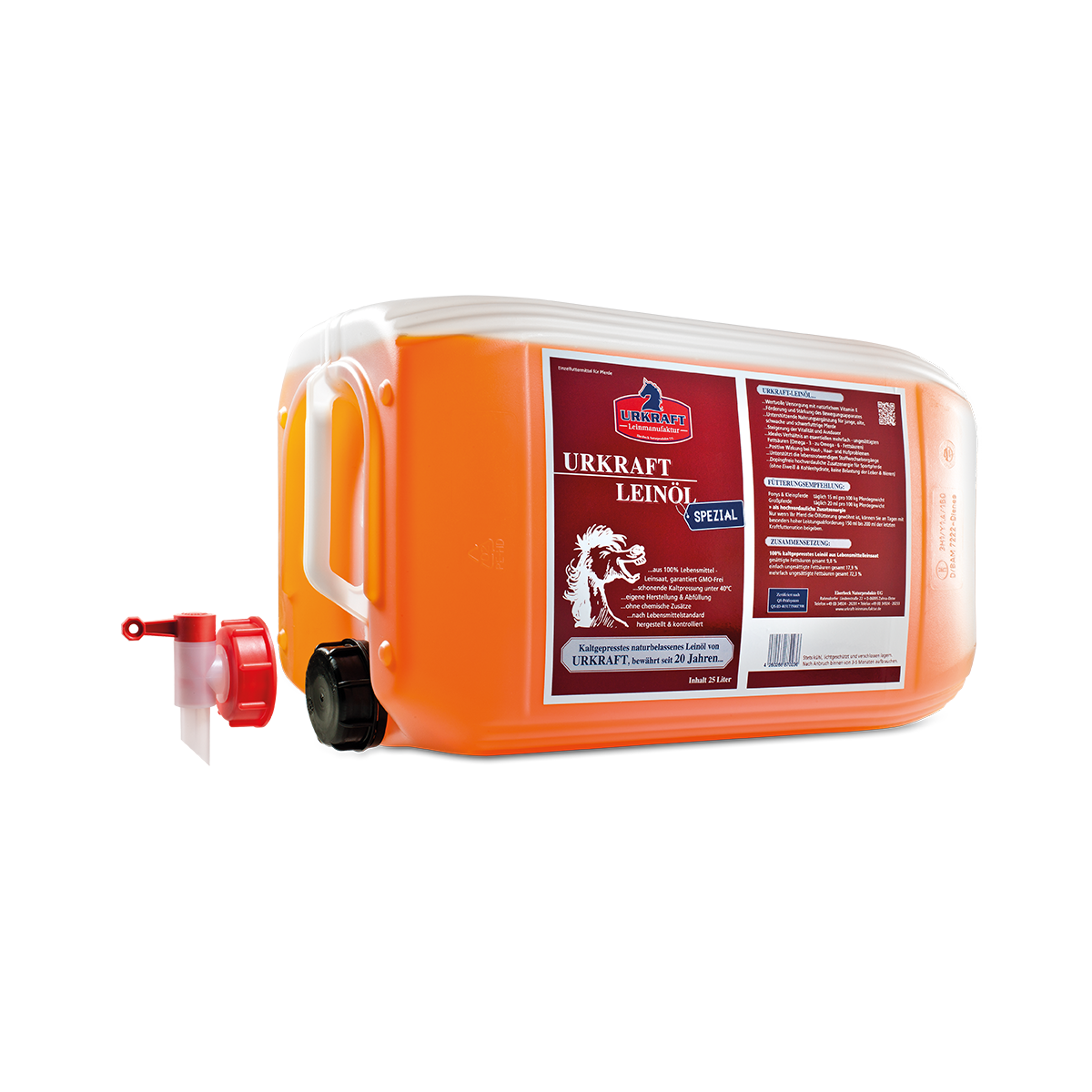 Urkraft Leinöl Spezial 25 Liter für Pferde & Ponys mit Dosierhahn